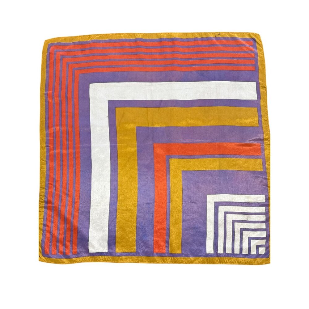 Vintage Geometric Striped Silk Scarf 26" Square Purple Orange Yellow White Retro
